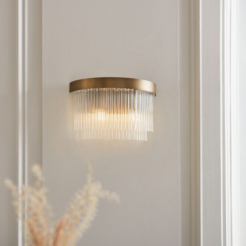 Endon-119125 - Clermont - Warm Antique Brass 2 Light Wall Lamp with Clear Glass Rods
