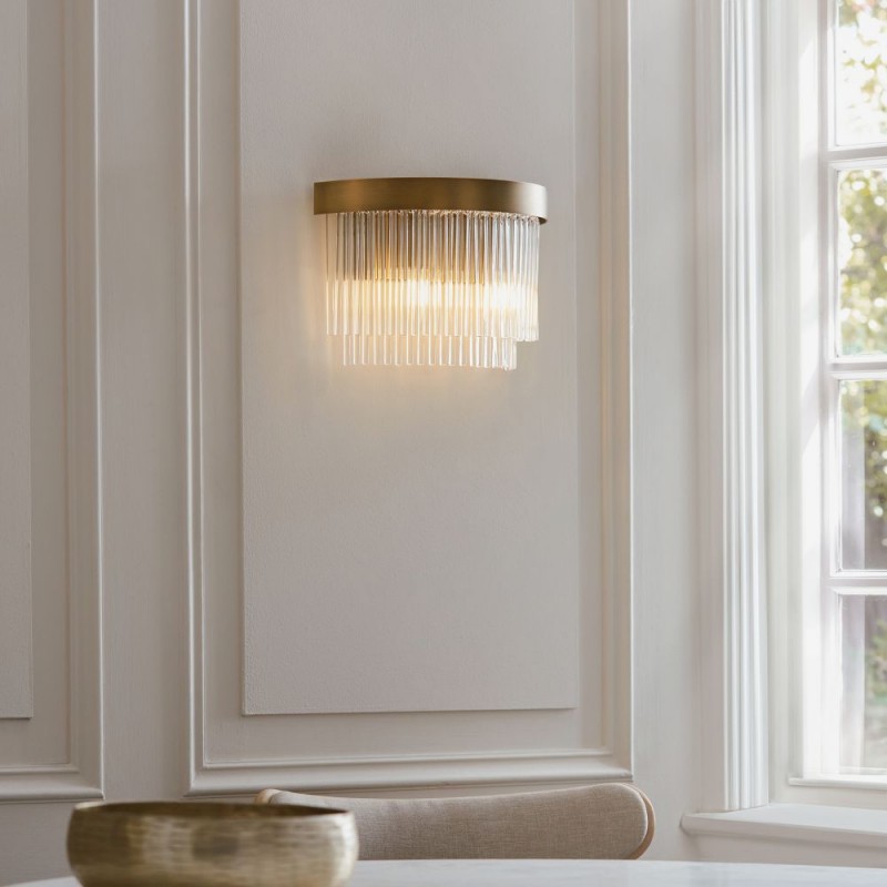 Endon-119125 - Clermont - Warm Antique Brass 2 Light Wall Lamp with Clear Glass Rods