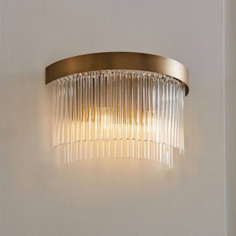 Endon-119125 - Clermont - Warm Antique Brass 2 Light Wall Lamp with Clear Glass Rods