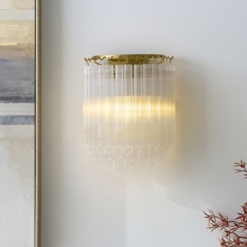 Endon-119132 - Montpellier - Brushed Aged Brass Wall Lamp with Ribbed Cylindrical Clear Glass