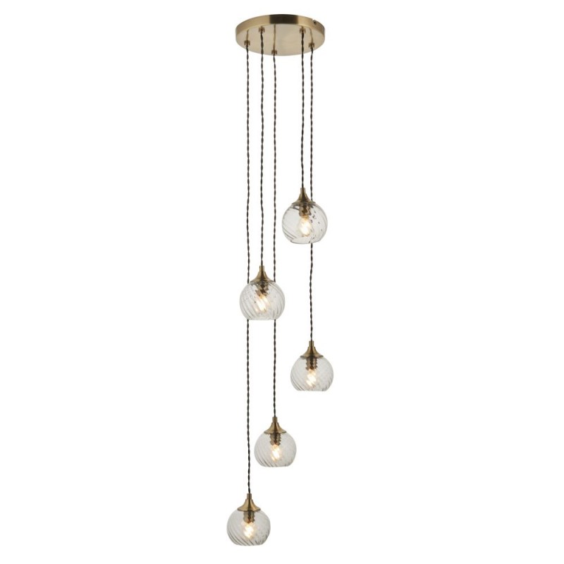 Endon-119435 - Allegra - Antique Brass 5 Light Cluster Pendant with Clear Spiral Glasses
