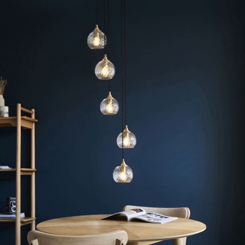 Endon-119435 - Allegra - Antique Brass 5 Light Cluster Pendant with Clear Spiral Glasses
