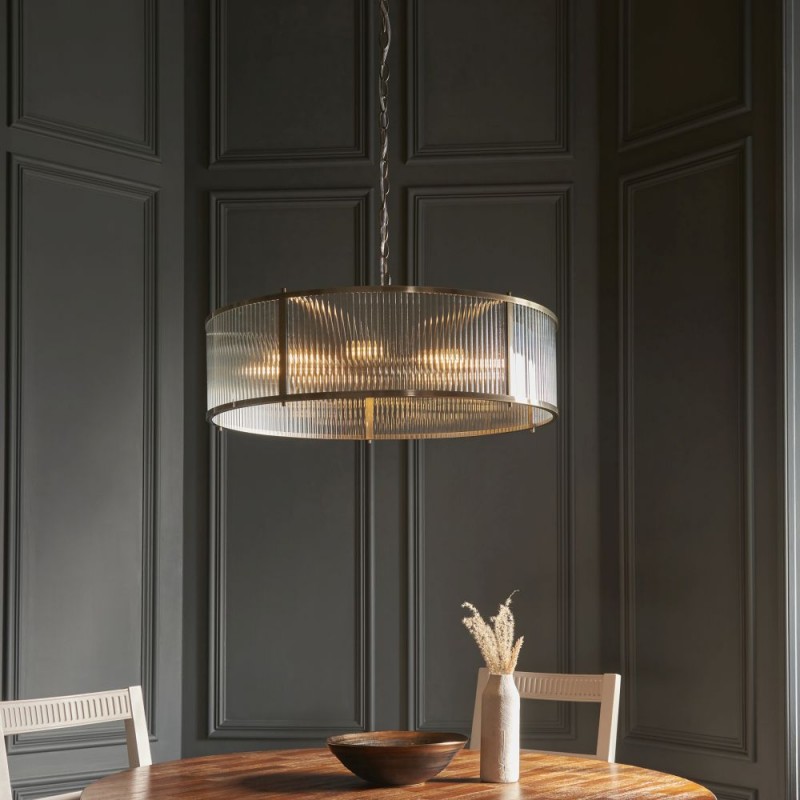 Endon-119455 - Ridgeton - Antique Brass 8 Light Pendant with Ribbed Glass