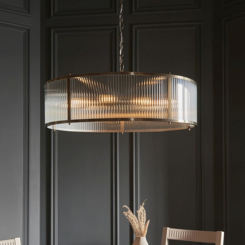 Endon-119455 - Ridgeton - Antique Brass 8 Light Pendant with Ribbed Glass