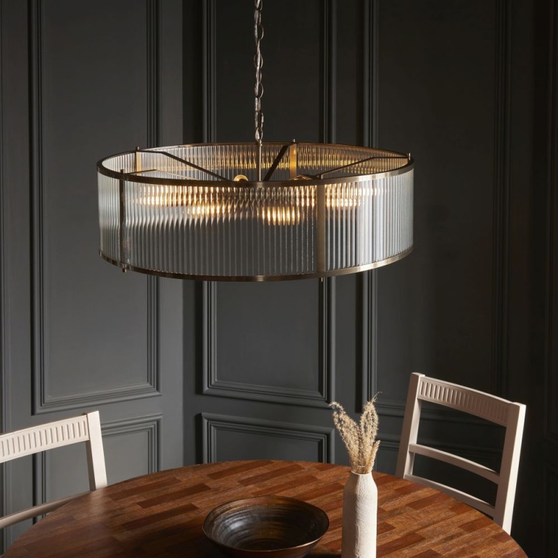 Endon-119455 - Ridgeton - Antique Brass 8 Light Pendant with Ribbed Glass