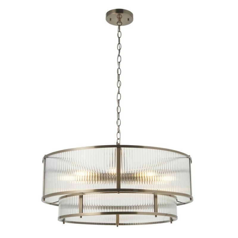 Endon-119456 - Ridgeton - Antique Brass 8 Light Pendant with Ribbed Glass