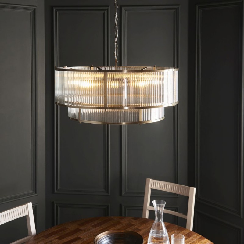 Endon-119456 - Ridgeton - Antique Brass 8 Light Pendant with Ribbed Glass