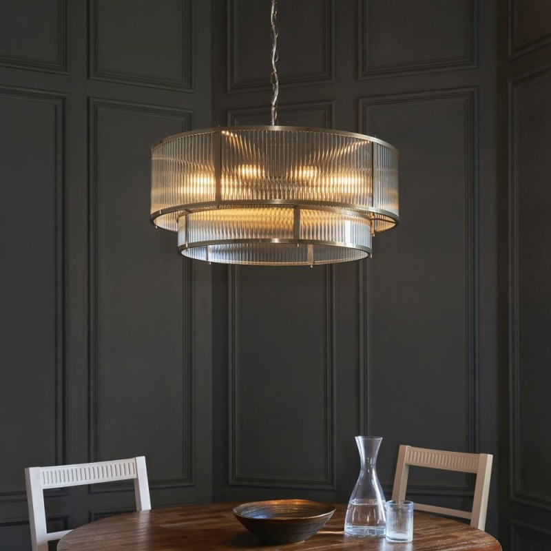 Endon-119456 - Ridgeton - Antique Brass 8 Light Pendant with Ribbed Glass