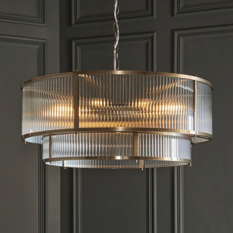 Endon-119456 - Ridgeton - Antique Brass 8 Light Pendant with Ribbed Glass