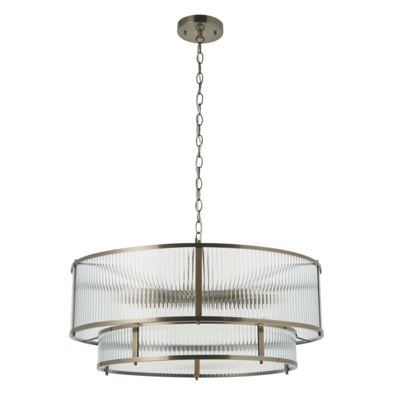 Endon-119456 - Ridgeton - Antique Brass 8 Light Pendant with Ribbed Glass