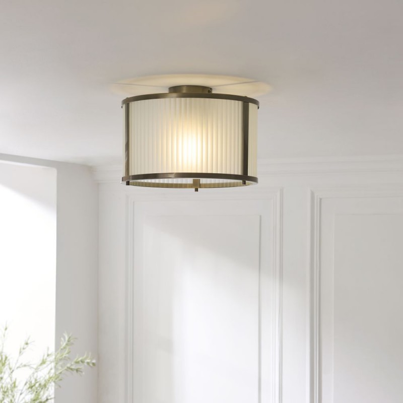 Endon-119457 - Ridgeton - Antique Brass Flush with Frosted Ribbed Glass