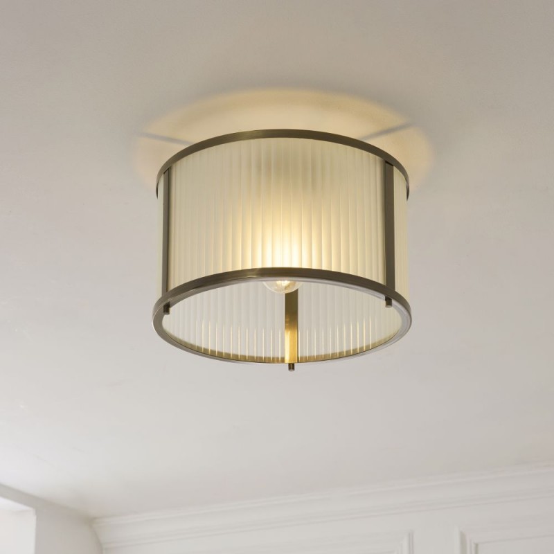 Endon-119457 - Ridgeton - Antique Brass Flush with Frosted Ribbed Glass