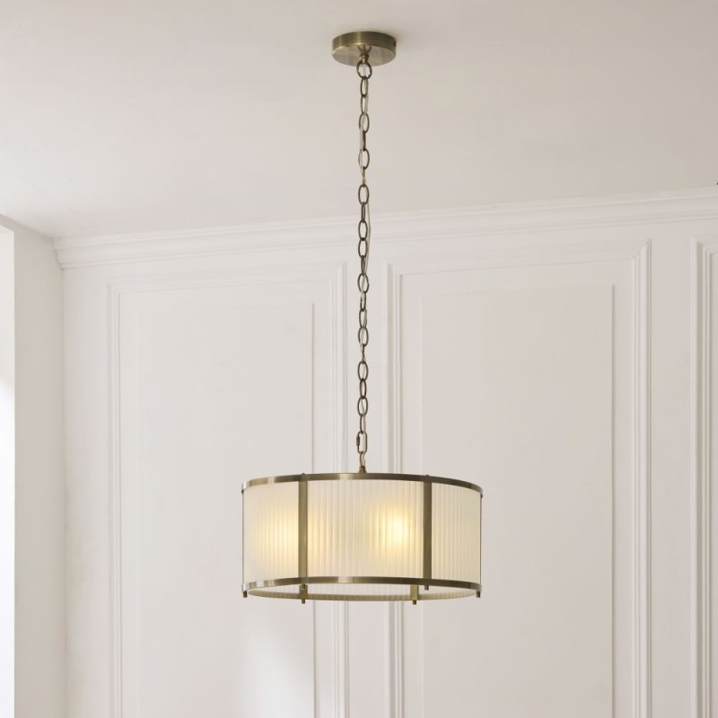 Endon-119458 - Ridgeton - Antique Brass 3 Light Pendant with Frosted Ribbed Glass