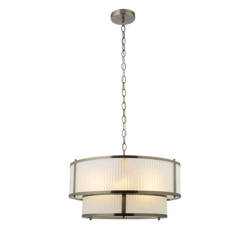 Endon-119459 - Ridgeton - Antique Brass 5 Light Pendant with Frosted Ribbed Glass