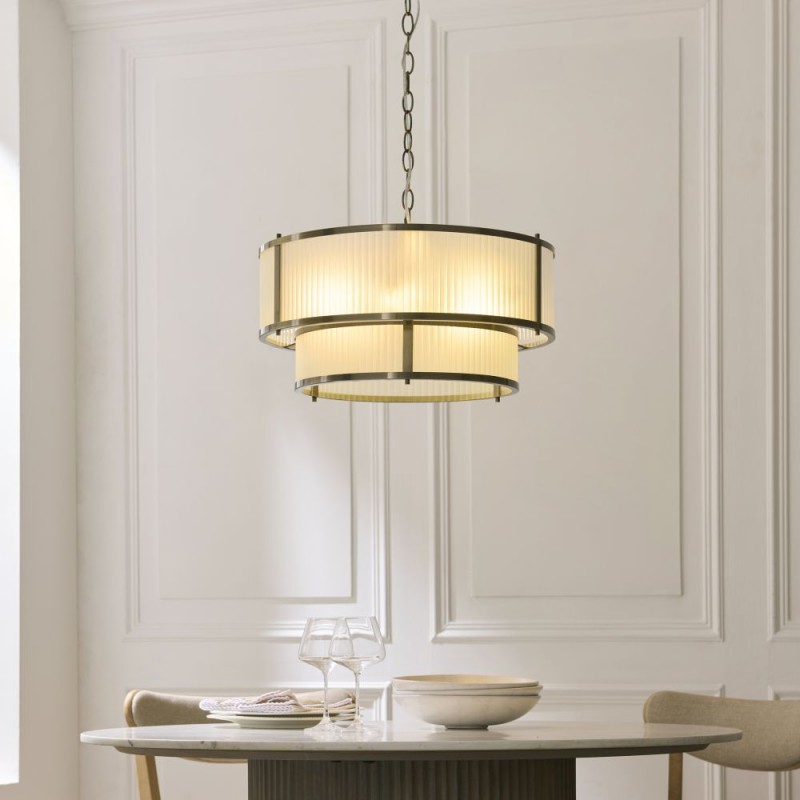 Endon-119459 - Ridgeton - Antique Brass 5 Light Pendant with Frosted Ribbed Glass
