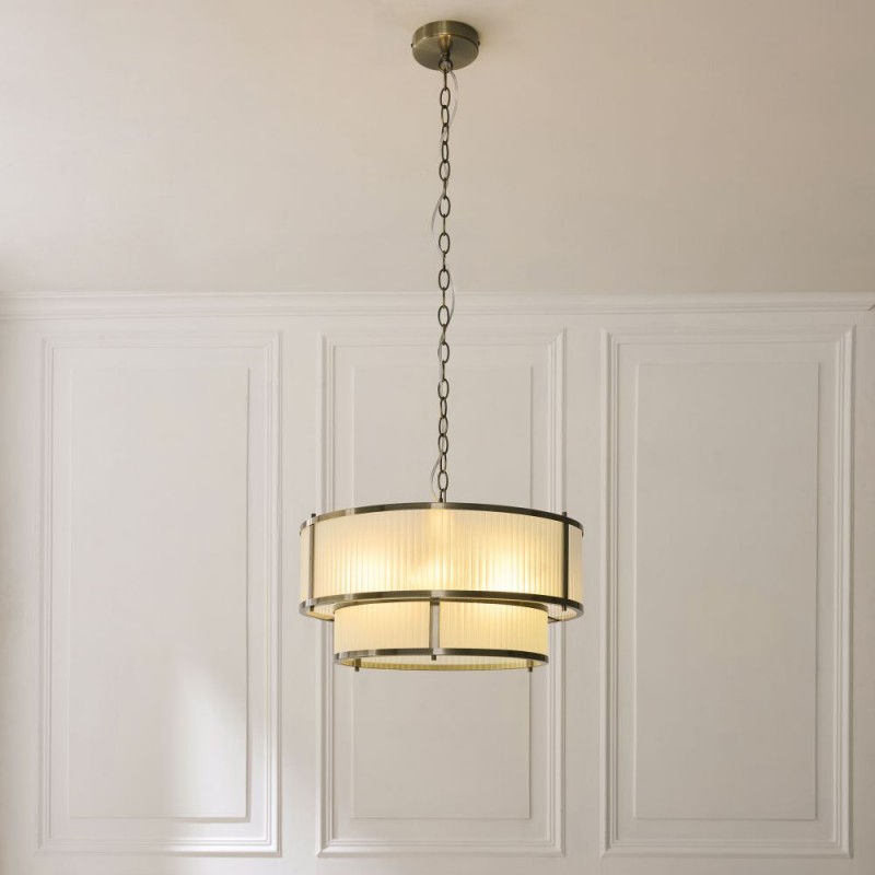 Endon-119459 - Ridgeton - Antique Brass 5 Light Pendant with Frosted Ribbed Glass