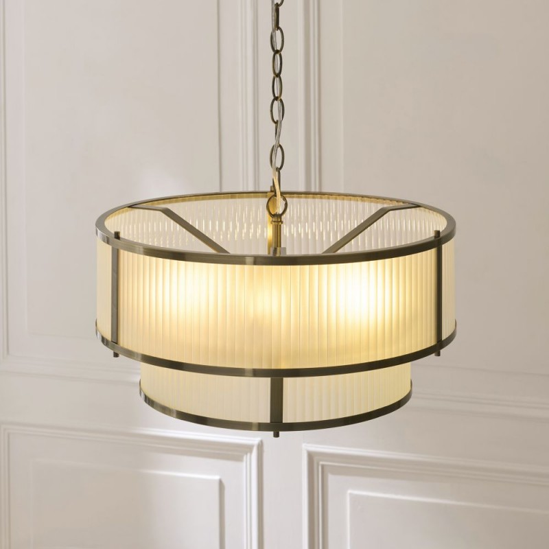 Endon-119459 - Ridgeton - Antique Brass 5 Light Pendant with Frosted Ribbed Glass