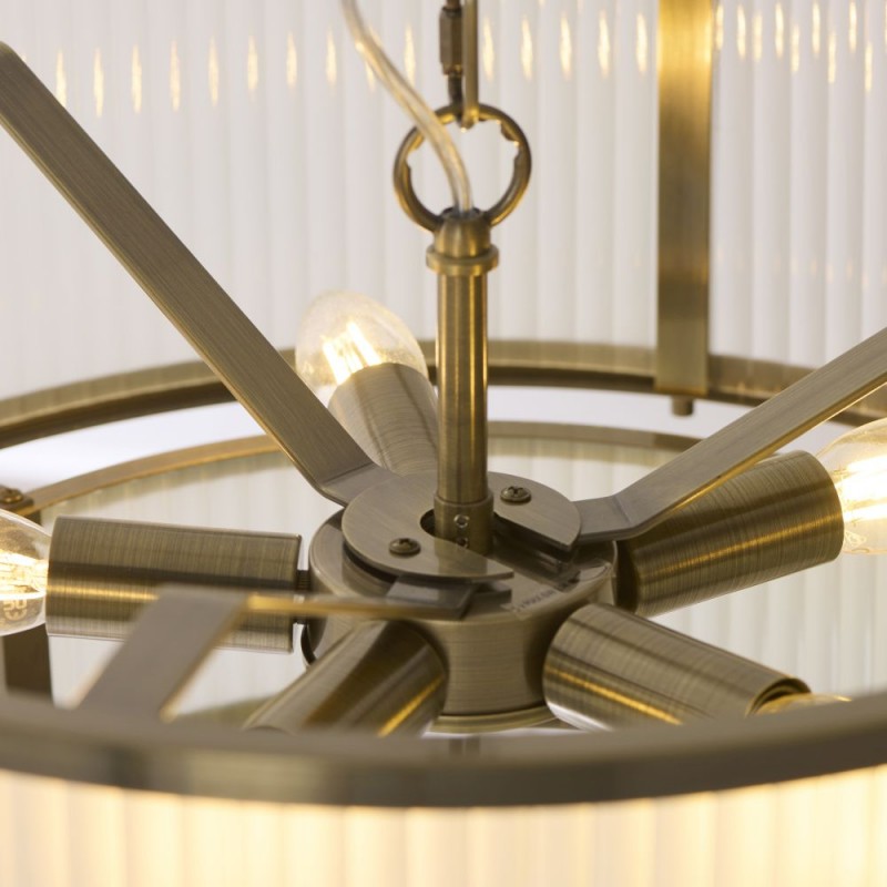 Endon-119459 - Ridgeton - Antique Brass 5 Light Pendant with Frosted Ribbed Glass