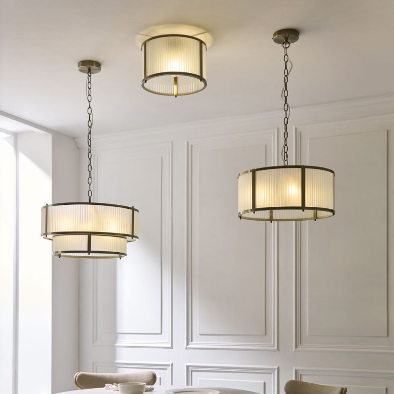 Endon-119459 - Ridgeton - Antique Brass 5 Light Pendant with Frosted Ribbed Glass