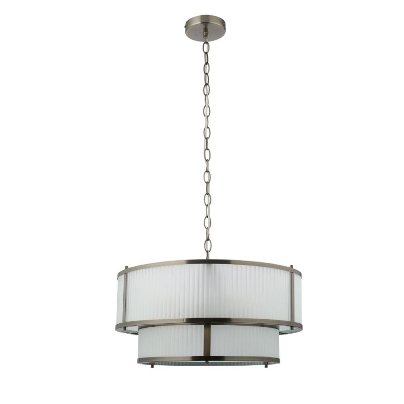 Endon-119459 - Ridgeton - Antique Brass 5 Light Pendant with Frosted Ribbed Glass