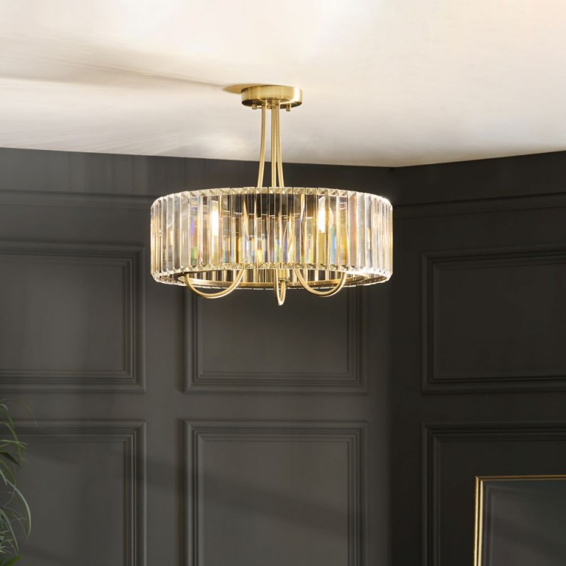Endon-119609 - Visconti - Antique Brass 3 Light Semi Flush with Crystal