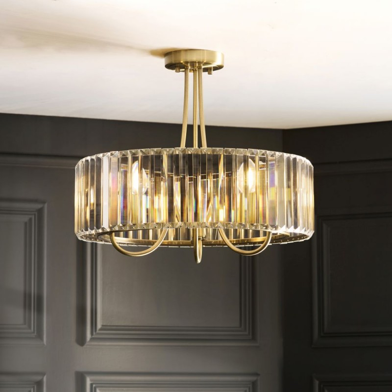 Endon-119609 - Visconti - Antique Brass 3 Light Semi Flush with Crystal