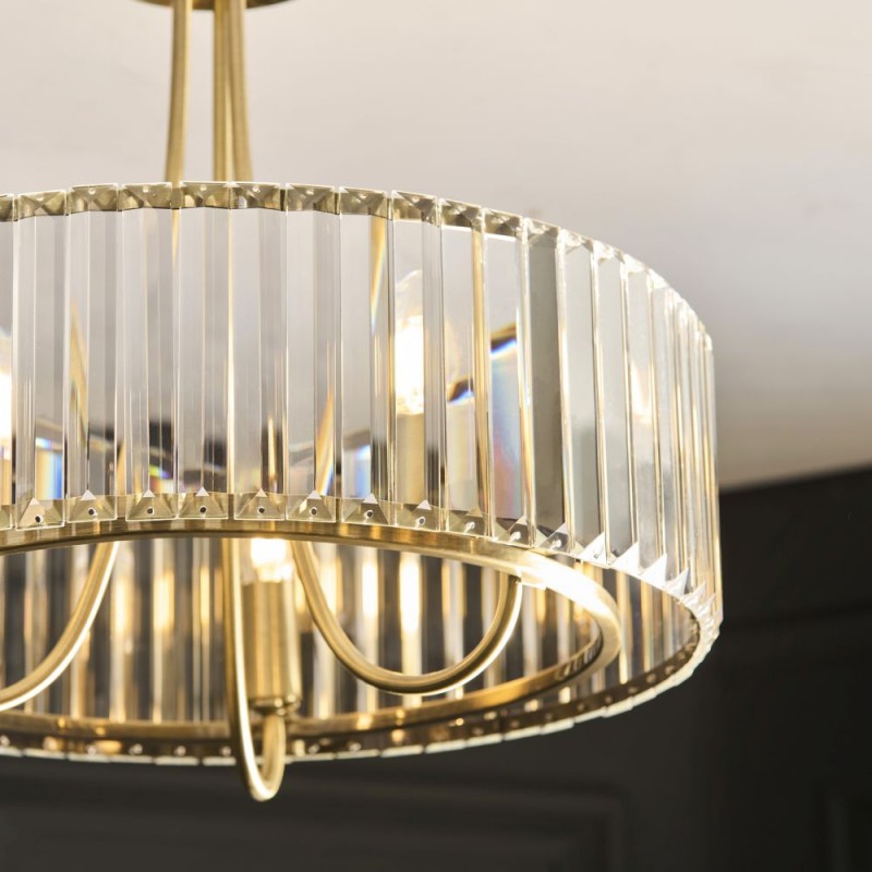 Endon-119609 - Visconti - Antique Brass 3 Light Semi Flush with Crystal