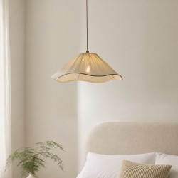 Isabella - Brushed Aged Brass Pendant with Vintage White Gathered Scalloped Edge Shade