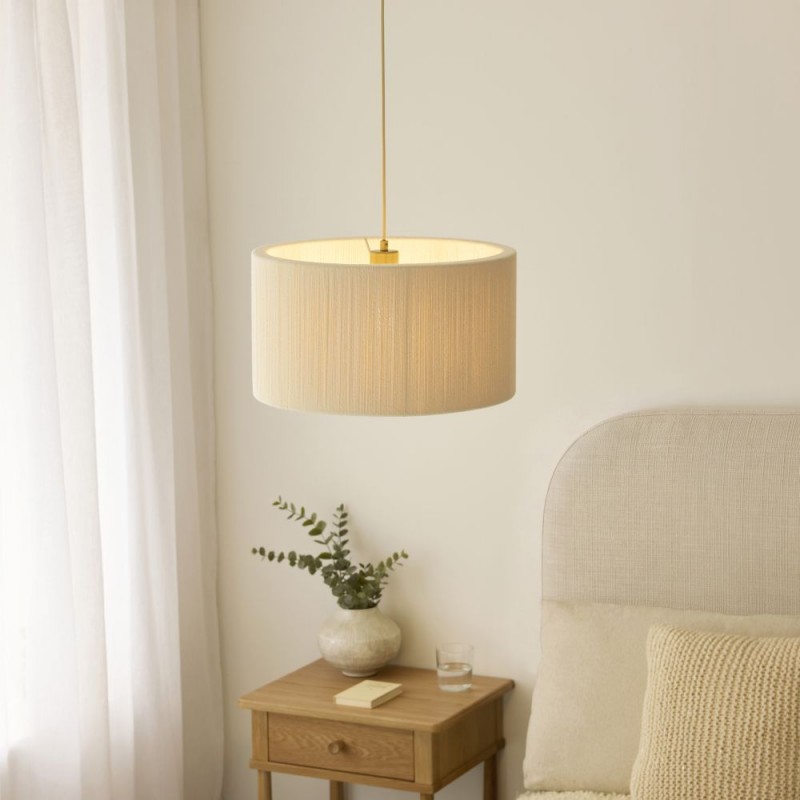 Endon-120011 - Noah - Brushed Brass Pendant with Cream Cotton Cord Wrapped Tiered Shade