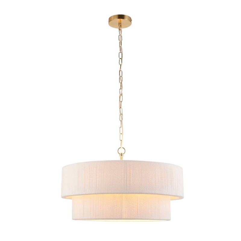 Endon-120013 - Noah - Brushed Brass 5 Light Pendant with Cream Cotton Cord Wrapped Tiered Shade