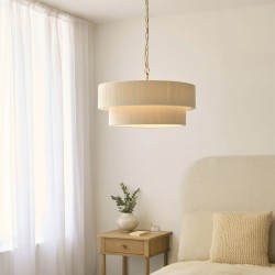 Noah - Brushed Brass 5 Light Pendant with Cream Cotton Cord Wrapped Tiered Shade