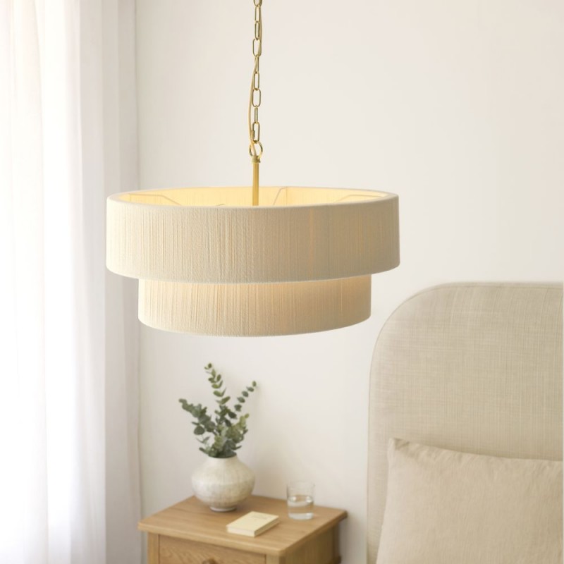 Endon-120013 - Noah - Brushed Brass 5 Light Pendant with Cream Cotton Cord Wrapped Tiered Shade