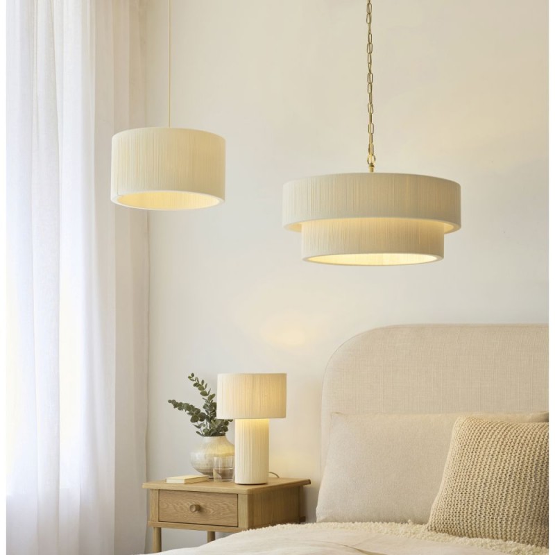 Endon-120013 - Noah - Brushed Brass 5 Light Pendant with Cream Cotton Cord Wrapped Tiered Shade