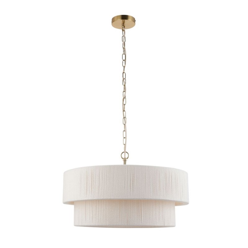 Endon-120013 - Noah - Brushed Brass 5 Light Pendant with Cream Cotton Cord Wrapped Tiered Shade