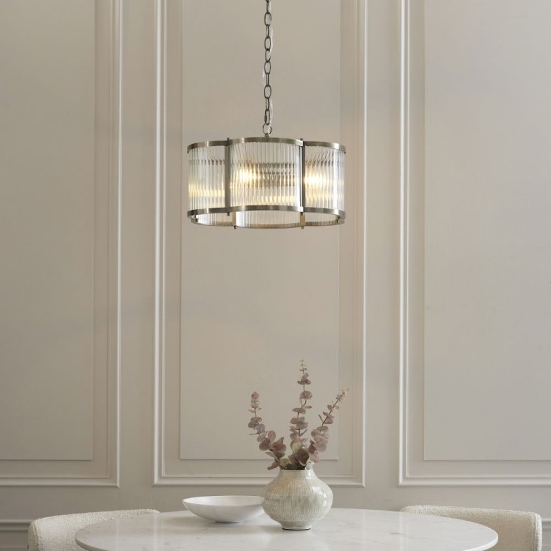 Endon-120090 - Ridgeton Scallop - Antique Brass 3 Light Pendant with Ribbed Glass