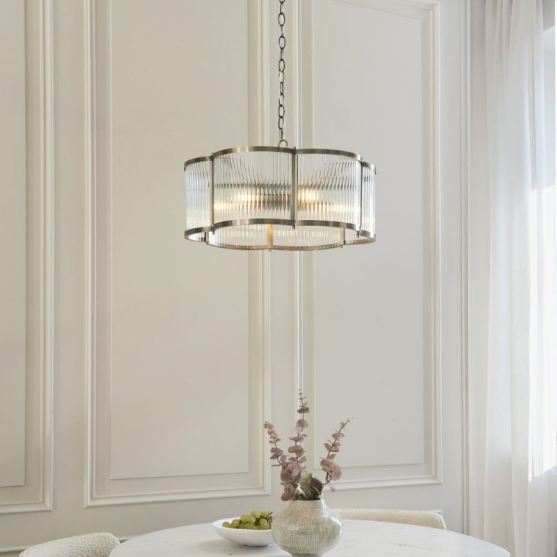 Endon-120091 - Ridgeton Scallop - Antique Brass 5 Light Pendant with Ribbed Glass