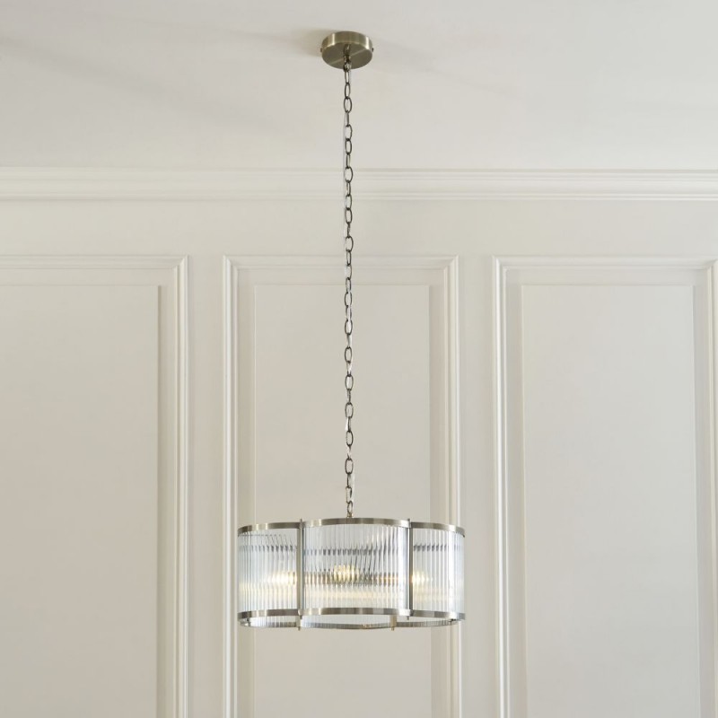 Endon-120091 - Ridgeton Scallop - Antique Brass 5 Light Pendant with Ribbed Glass