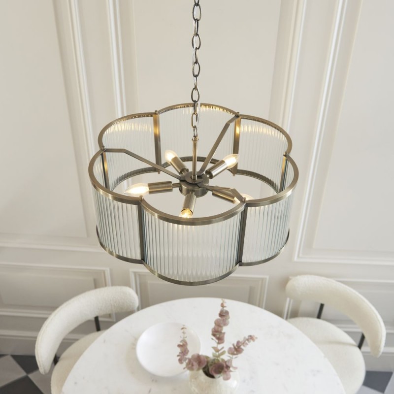 Endon-120091 - Ridgeton Scallop - Antique Brass 5 Light Pendant with Ribbed Glass