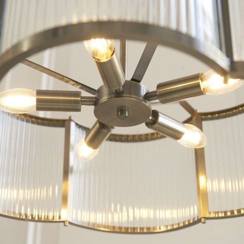Endon-120091 - Ridgeton Scallop - Antique Brass 5 Light Pendant with Ribbed Glass