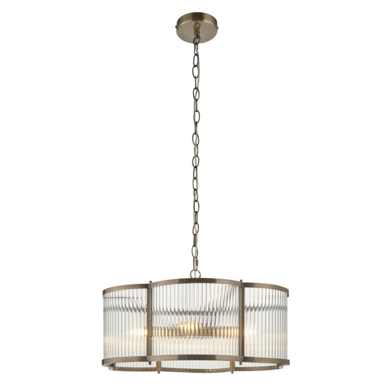 Endon-120091 - Ridgeton Scallop - Antique Brass 5 Light Pendant with Ribbed Glass
