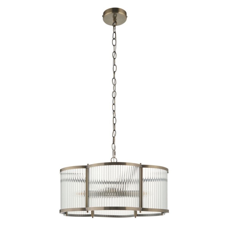 Endon-120091 - Ridgeton Scallop - Antique Brass 5 Light Pendant with Ribbed Glass