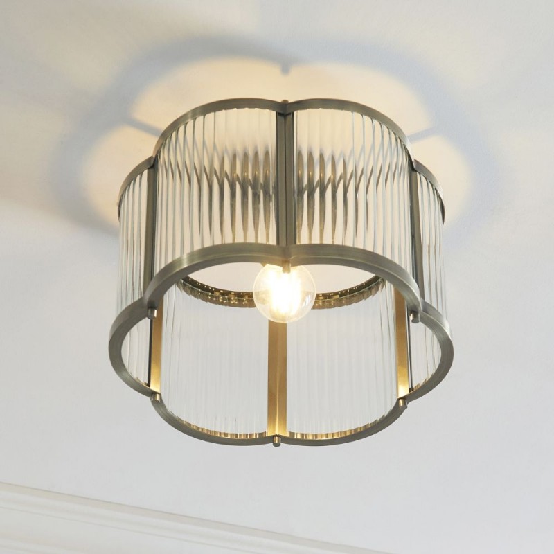 Endon-120092 - Ridgeton Scallop - Antique Brass Flush with Ribbed Glass