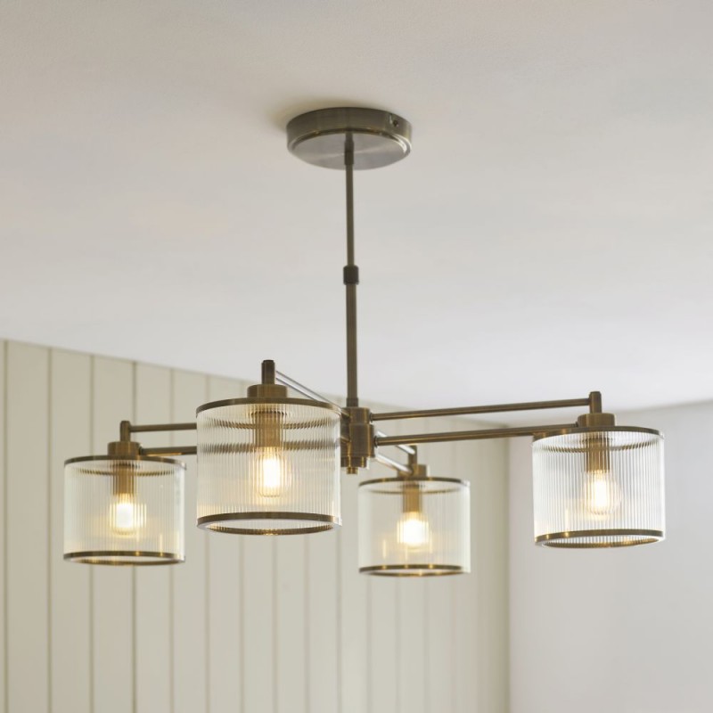 Endon-120143 - Ridgeton - Antique Brass 4 Light Centre Fitting with Ribbed Glass