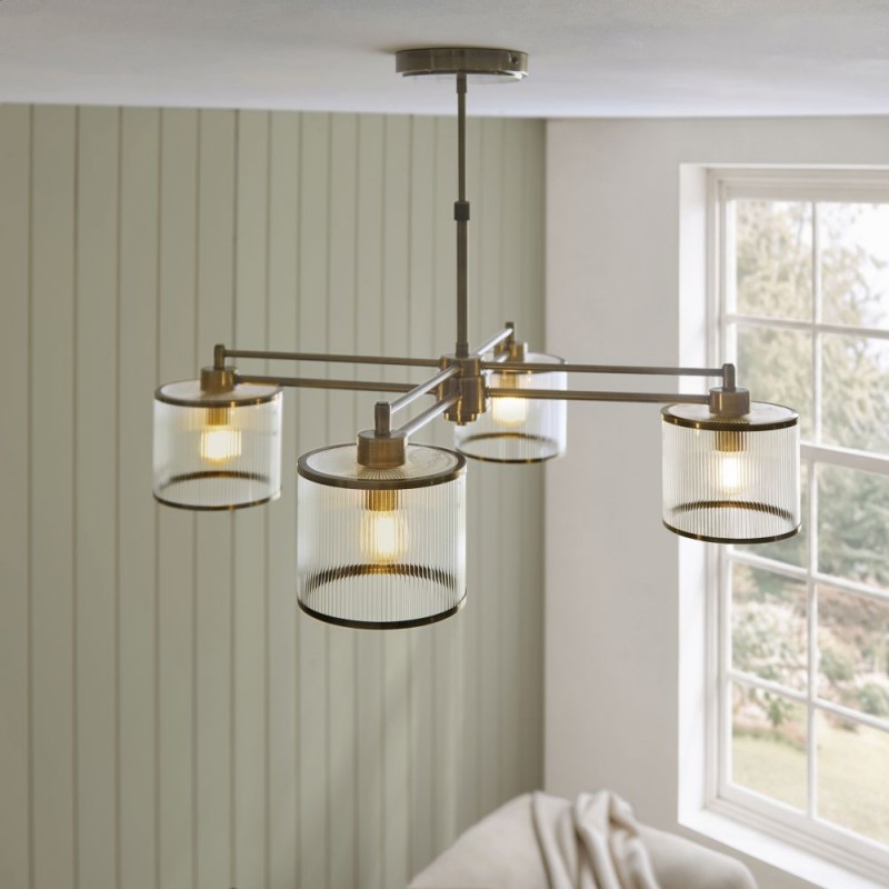 Endon-120143 - Ridgeton - Antique Brass 4 Light Centre Fitting with Ribbed Glass