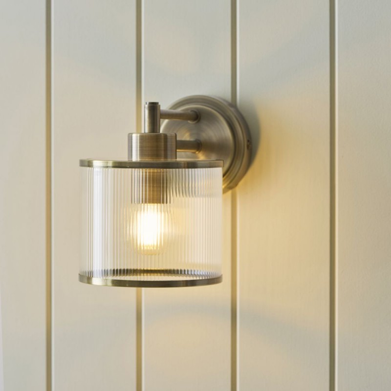 Endon-120144 - Ridgeton - Antique Brass Wall Lamp with Ribbed Glass