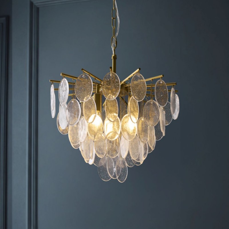 Endon-120226 - Loretta - Brushed Aged Brass 3 Light Centre Fitting with Clear Textured Glass Medallions