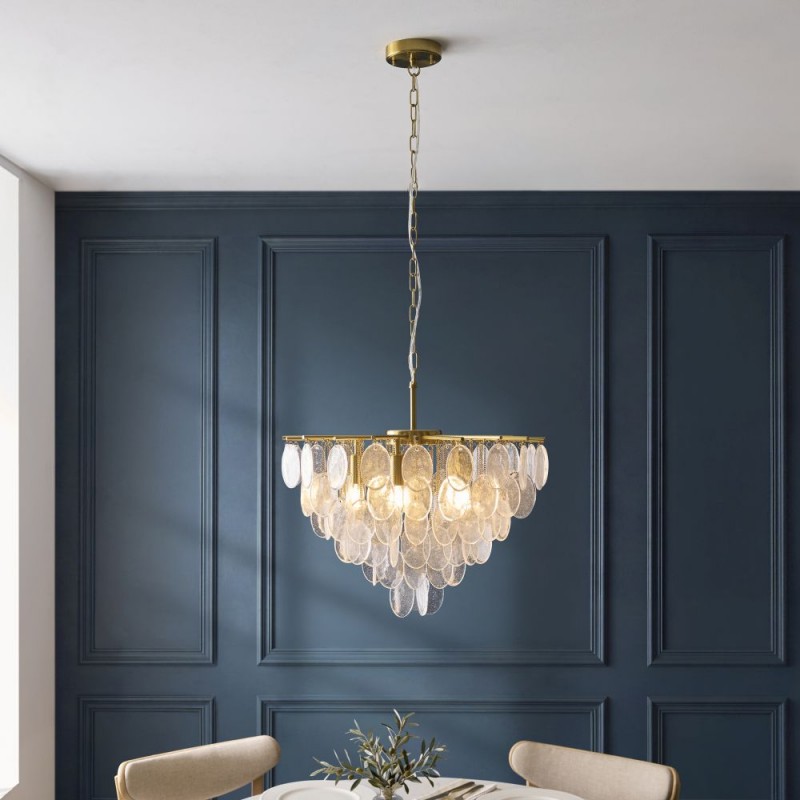 Endon-120227 - Loretta - Brushed Aged Brass 5 Light Centre Fitting with Clear Textured Glass Medallions