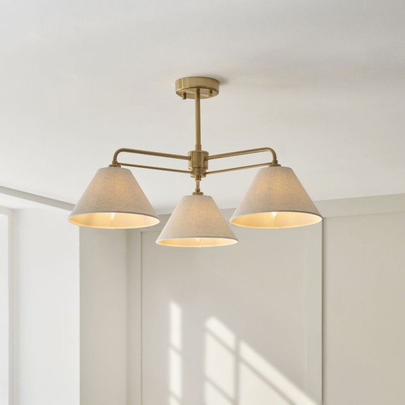 Endon-120303 - Wallbridge - Brushed Aged Brass 3 Light Semi Flush with Natural Linen Shades