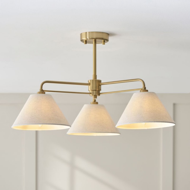 Endon-120303 - Wallbridge - Brushed Aged Brass 3 Light Semi Flush with Natural Linen Shades