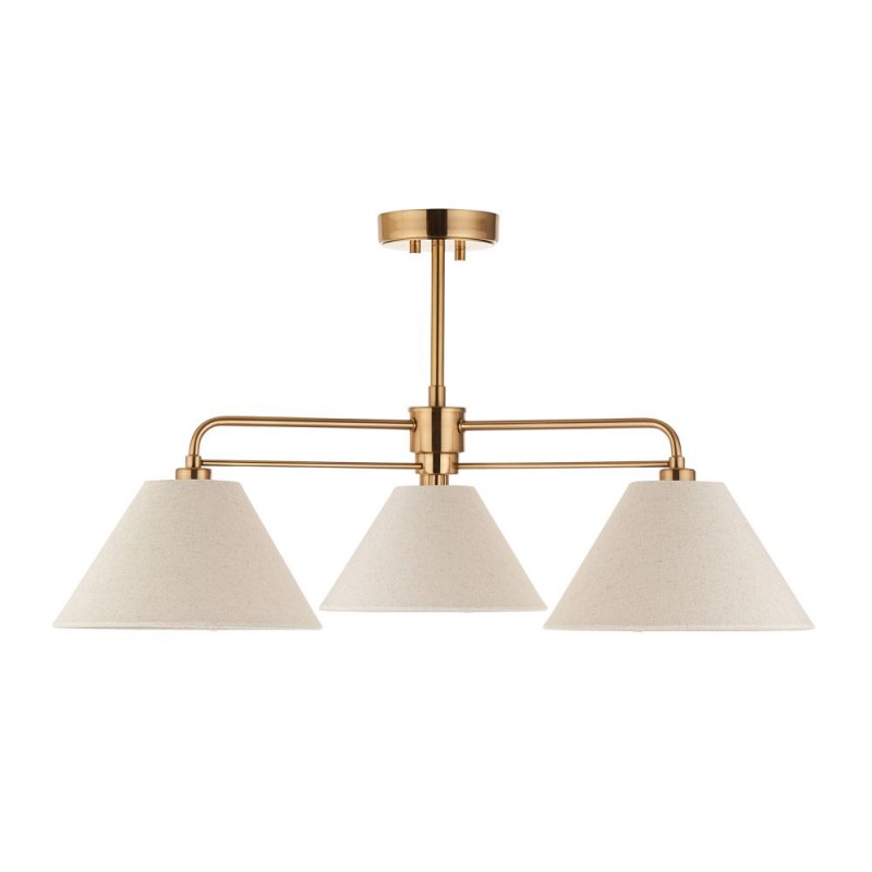 Endon-120303 - Wallbridge - Brushed Aged Brass 3 Light Semi Flush with Natural Linen Shades